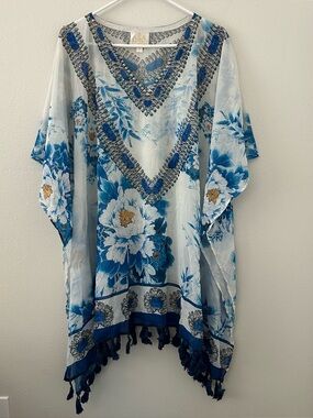 ASA Kaftans Rhinestone Jewel Dress Tassel-Hem Cover Up Chiffon Blue White Size M